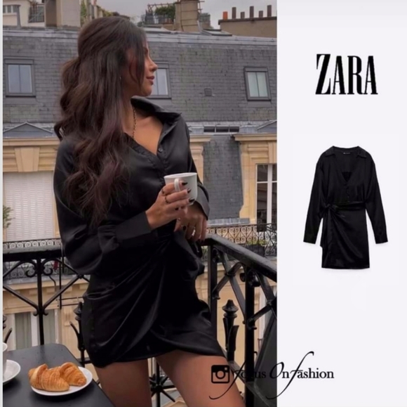 Zara * Satin Effect Wrap Dress Mini Black Size XS - Picture 1 of 10